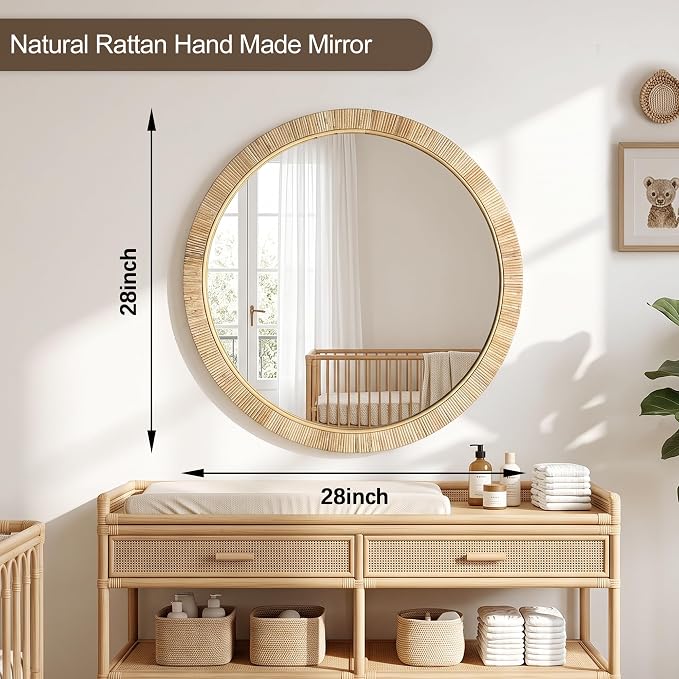 Decorative Rattan Wall Mirror, Boho Bathroom Modern Makeup, Rustic Wall Bohemia Mirrors for Bedroom, Living Room, Vanity Versatile Farmhouse, Nursery, Bathroom (Round 28“x28”