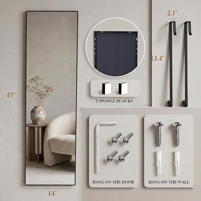 Simple Deluxe 47x14 Full Length Mirror Over The Door, Wall Mounted Full Body Mirror, Minimalist Black Aluminum Frame, HD Tempered Glass, for Bedroom, Living Room, Entryway, Black Rectangle