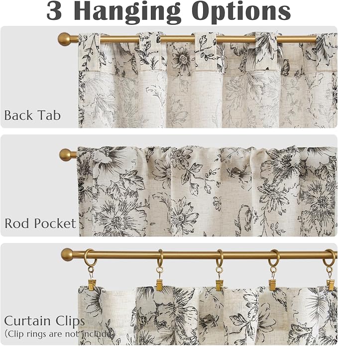 jinchan Linen Floral Tier Curtains 24 Inch Farmhouse Botanic Cafe Curtains Light Filtering Drapes for Small Windows Back Tab Half Window for Kitchen Living Room Bathroom 2 Panels Black