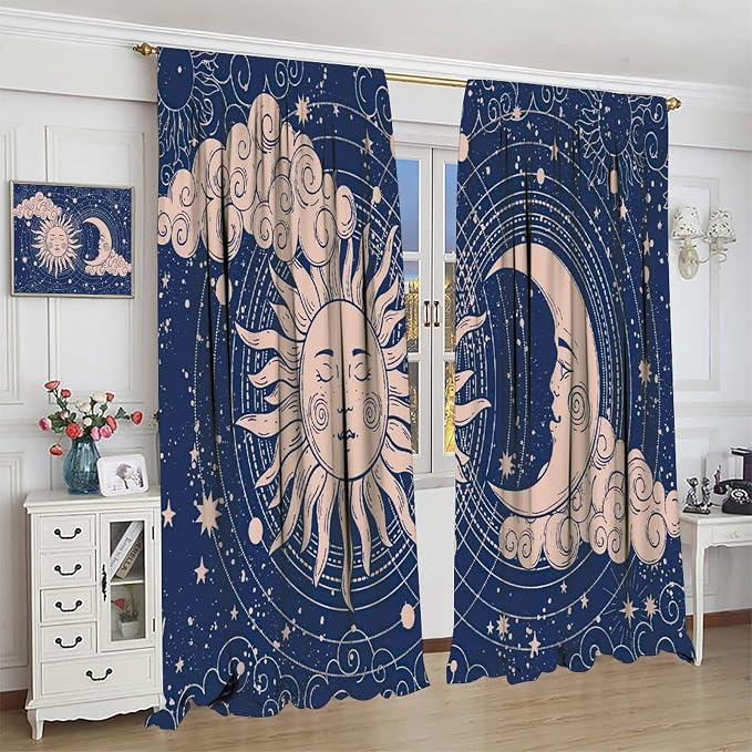 Sun Moon Blackout Windows Curtains, Boho Celestial Bodies Gold Sun Moon and Stars Pattern Window Drapes, for Living Room Bedroom 55x63in 2 Panels