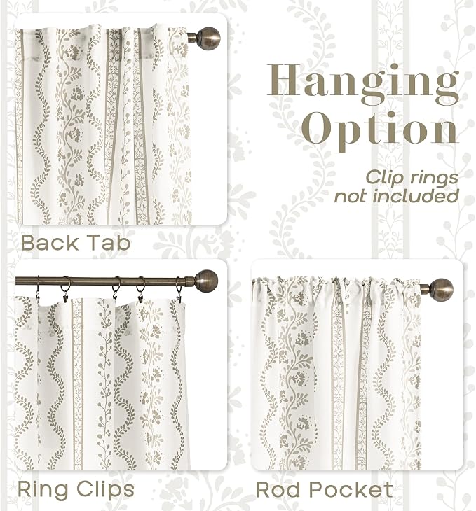 Taupe Vintage Floral Linen Curtains, Boho Light Filtering Semi Sheer Drapes for Living Room Bedroom 63 Inch Length 2 Panel Set