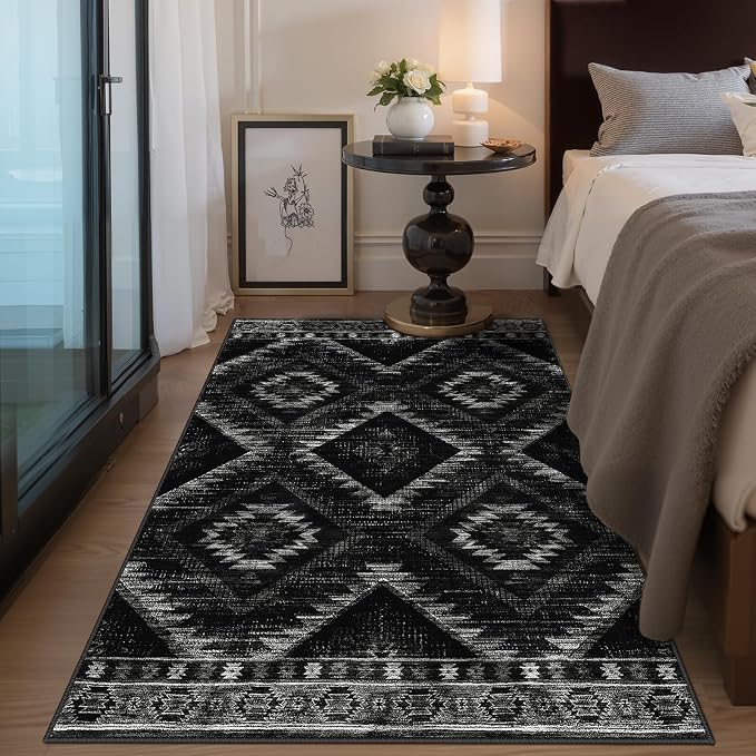 BESTSWEETIE Area Rug 3x5 Rug Machine Washable Non-Slip Low Pile Print Pattern Western Rug for Living Room Bedroom Entryway Tribal Series-Black