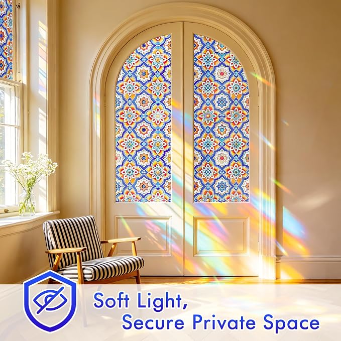 SOMWISE Rainbow Window Privacy Film,Heat Control,UV Blocking,Anti-Glare,Day & Night Privacy Protection & Decoration for Home, Bathroom,Glass Door,Static Cling,Renter-Friendly with Installation Tools