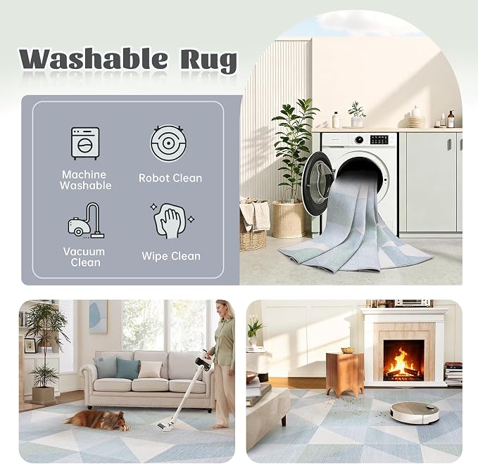 Washable Rug 8x10 Area Rugs: Modern Geometric Area Rug for Living Room Non-Slip Neutral Soft Carpet Low Pile Stain Resistant Indoor Rugs for Bedroom Nursery Dining Room Office (Light Blue, 8'X10')