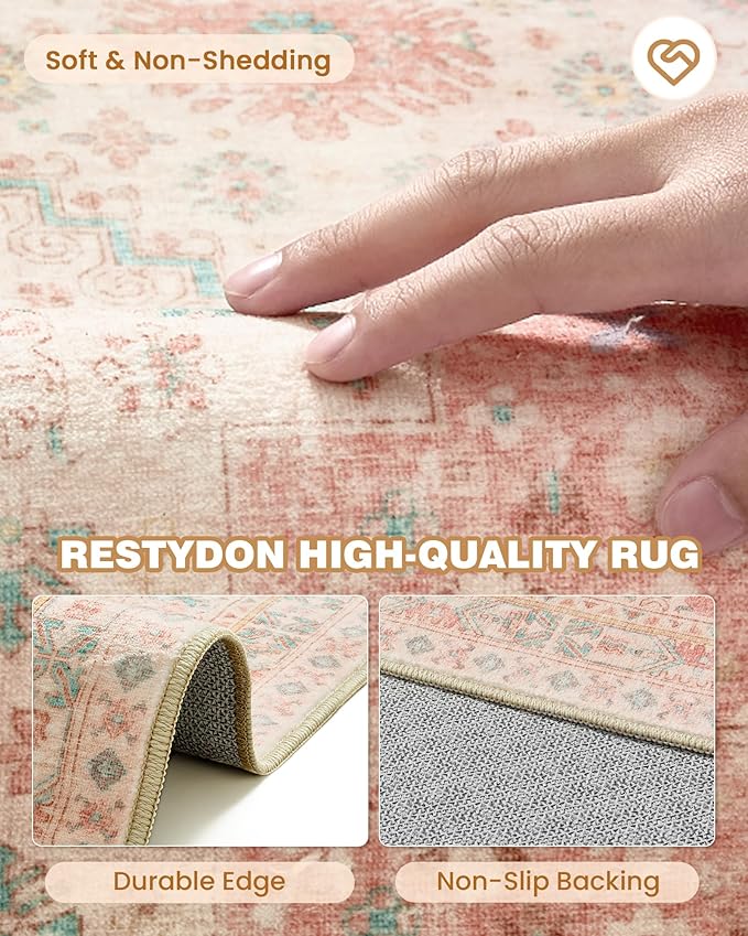 Hallway Runner Rug 2x12, Extra Long Washable Runner Rugs with Rubber Backing, Non Slip Runner, Vintage Rug Runners for Kitchen Laundry Room Entryway (Pink,2'x12')