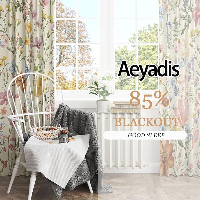 Floral Blackout Curtain, Colorful Wildflower Vintage Botanical Aesthetic Window Curtains Living Room Bedroom Decor Darkening Window Drapes Treatments, 2 Panels 52x84 Inch
