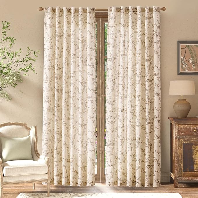 jinchan Taupe Floral Linen Curtains 90 Inch Farmhouse Back Tab 2 Panels | Flower patterned drapes, french country, light filtering, semi sheer, printed, bedroom, living room, office, window treatment