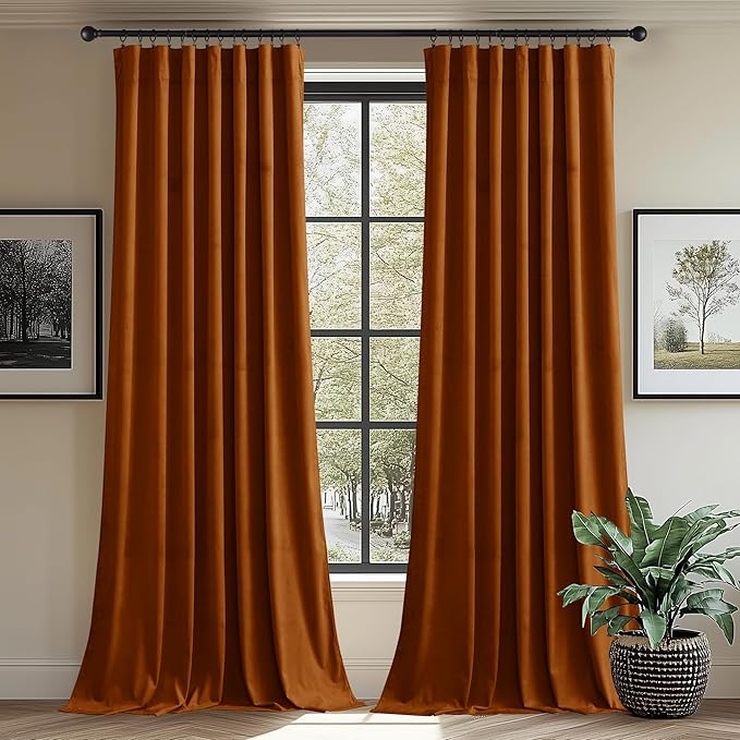StangH Halloween Burnt Orange Curtains 62 inches Width, 2 Panels | Boho Vintage Decor, 300GSM Soft Heavy Velvet, Thermal Insulated & Light Blocking Sliding Door Drapes, Bedroom, Dining Room