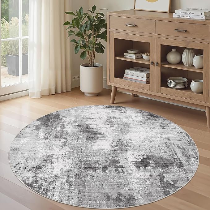 Abstract 8FT Round Rug: Machine Washable Non Slip Ultra Thin Low-Pile Carpet, Soft Stain Resistant for Living Dining Room Bedroom, Kid Pet Friendly, Robot Vacuum Compatible - Grey