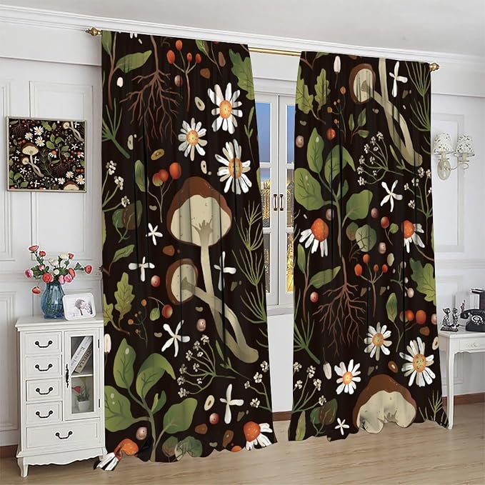 Rustic Mushroom Curtains, Vintage Woodland Wild Chamomile Flowers Mushroom Plants Leaves Print Blackout Window Drapes for Kitchen Bedroom Livingroom, 63" W X 72" L