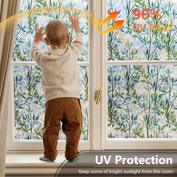 LEMON CLOUD Window Privacy Film Static Clings Decorative Leaf Rainbow Window Sticker Non-Adhesive Decals for Glass with Tools, 23.6 x 157.4 Inch