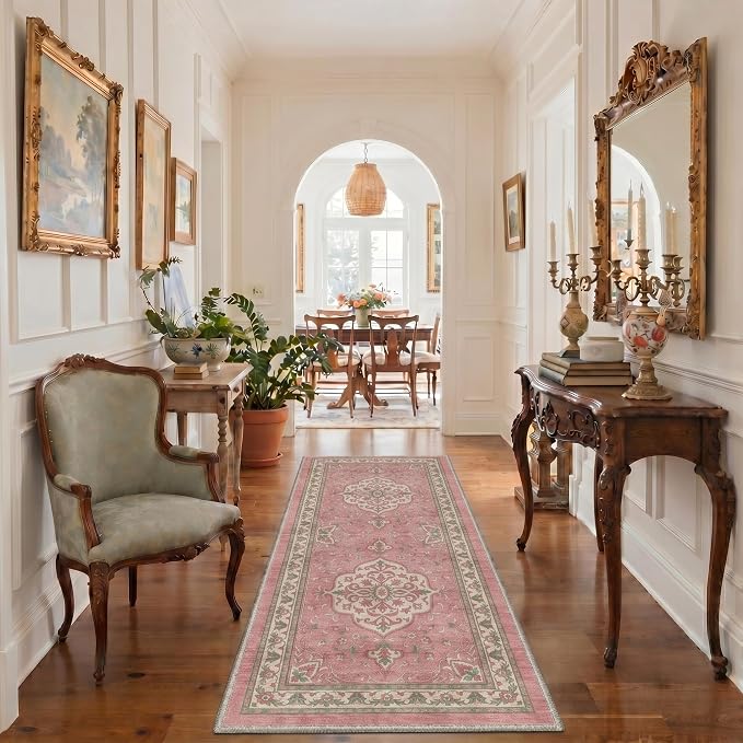 GENIMO 2x5 Runner Rugs for Hallway Kitchen and Laundry Room Non Slip Low Pile Machine Washable Lightweight Print Rug for Bedroom Bathroom Entryway, Floral Medallion, Dusty Pink