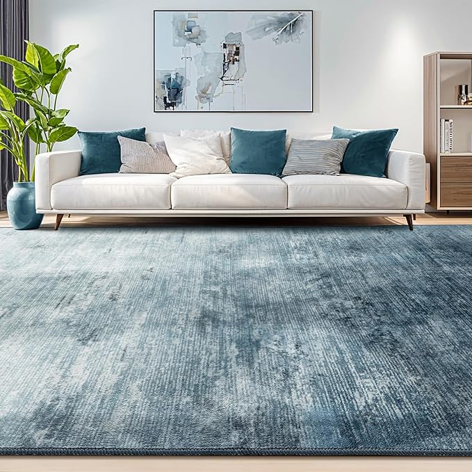 9x12 Washable Area Rug, Blue Solid Area Rugs for Living Room & Bedroom | Stain-resistant & Non-slip backing,Low Pile Washable Large Carpet, Solid Vintage Style For High Traffic Areas(9x12,Blue)