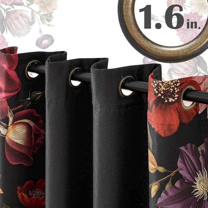 jinchan Hannah Floral Blackout Curtains with Retro Vintage Black Boho Flower Print Drapes for Bedroom Living Room Fall Decor Window Curtains Room Darkening 96 Inches Length 2 Panels Set with Grommet