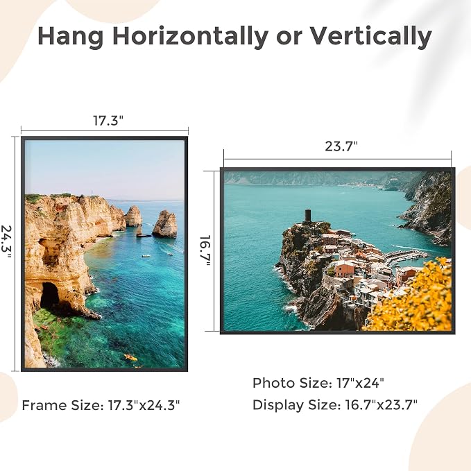 FLYJOE 17x24 Metal Picture Frame - Black Aluminum Picture Frames with Real Glass, Wall Mounting Horizontally or Vertically, Diploma, Certificates and Decor for Wall Gallery 24x17 Frame, Black
