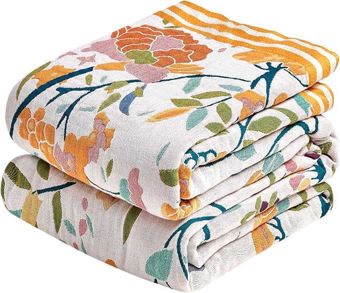 Boho Throw Blanket - 60"x80" 100% Cotton Ultra Soft Lightweight Blanket, 4-Layer Breathable Muslin Spring Blankets for Bed Couch, Reversible Green Floral Printed Bohemian Cotton Quilt