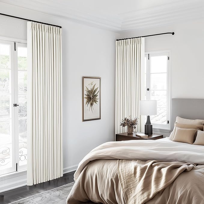 Natural Cream Pinch Pleated Full Blackout Curtains 100 Inches Long Linen Blend Room Darkening Curtain for Living Dining Room Bedroom Memory Shape Thermal Insulated Pinch Pleat Drape with Hooks Rings