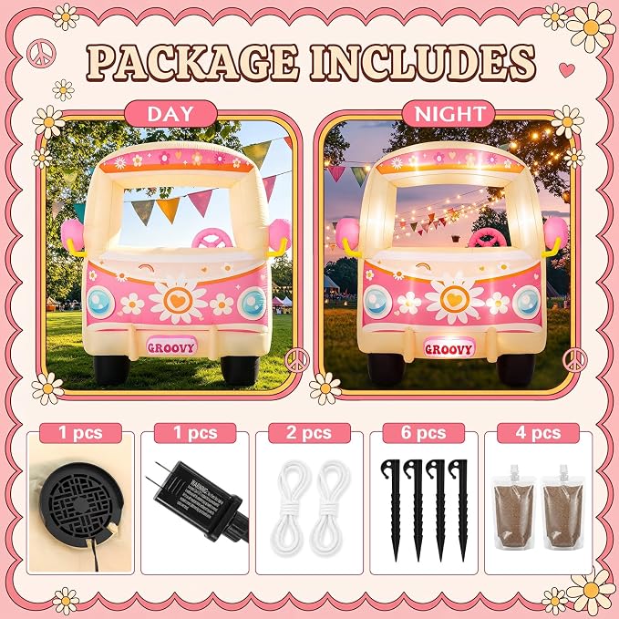 Soulchen 6ft Inflatable Hippie Bus with LED Lights and Powerful Blower Retro 60s 70s Boho Groovy Party Decoration Photo Booth Selfie Frame for Birthday Baby Shower Carnival