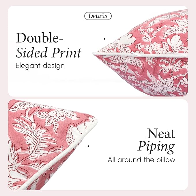 CPC 100% Cotton Throw Pillow Covers 24x24 Inch, Set of 2 Red Block Print Pattern Couch Pillow, Cute Boho Decorative Pillows for Living Room, Bedroom with Hidden Zipper- Pink Coral