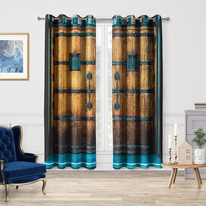 Jekeno Vintage Ancient Door Blackout Curtains Retro Rustic Wood Plank Forged Door Farmhouse Drapes Decor Bedroom Apartment Living Room Darkening Grommet Window Treatments 2 Panels Set, 52x84 Inch
