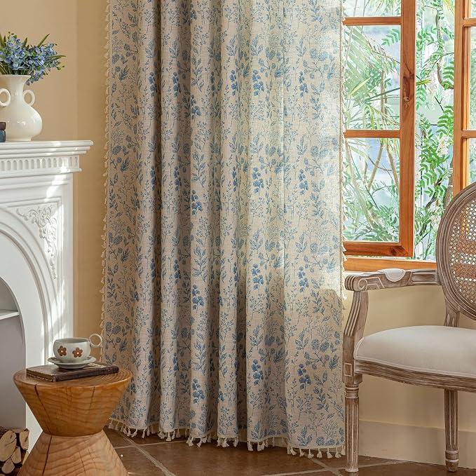 OYX Boho Floral Curtains 84 Inch Length 2 Panels, Linen Farmhouse Curtains Light Filtering Drapes with Tassels for Bedroom Living Room, Vintage Rustic Printed Rod Pocket