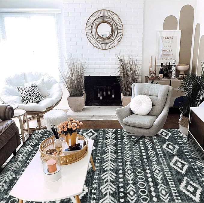 Lahome Boho Moroccan Kitchen Rugs, 4x6 Washable Black White Bedroom Area Rug Low-Pile Soft Office Rug, Non-Slip Tribal Print Pattern Large Entry Rug Indoor Carpet for Living Room Laundry