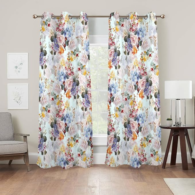 Renaiss Rustic Flower Window Curtains Watercolor Florals Painted for Living Room Decor Thermal Insulated Blackout Curtains for Bedroom Window Treatment & Drapes Grommet 53W x 63L Inch 2 Panel Set