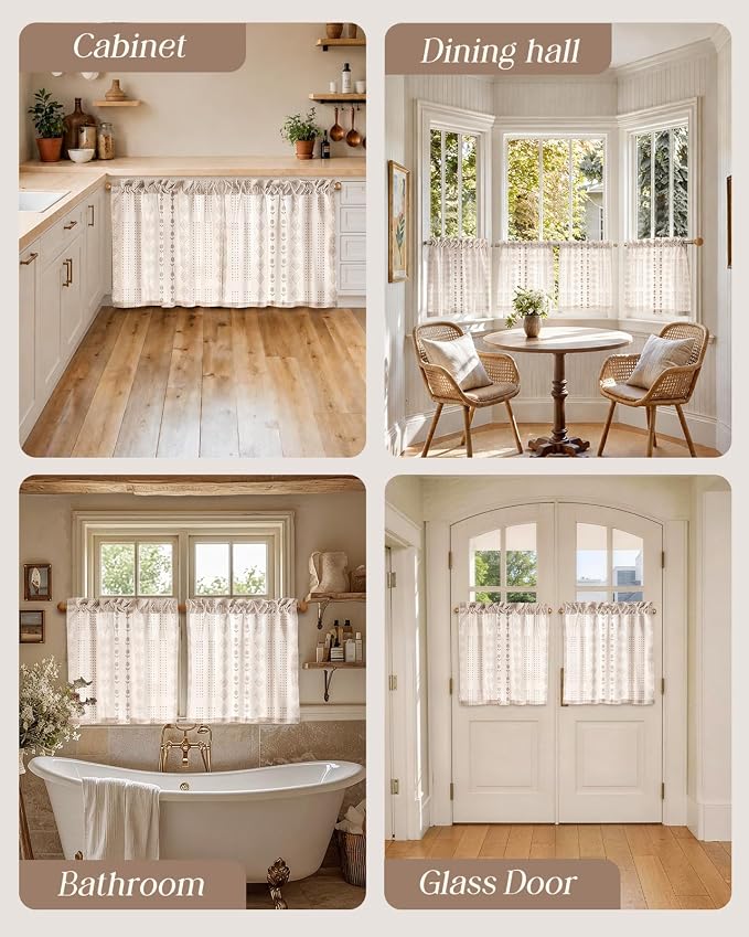 Miss Adola Farmhouse Kitchen Tier Curtains - 24 Inch Length Linen Blend Boho Cafe Curtains Striped Beige Small Window Treatments Over Sink Rod Pocket for Bathroom Living Room Light Filtering, 2 Panels