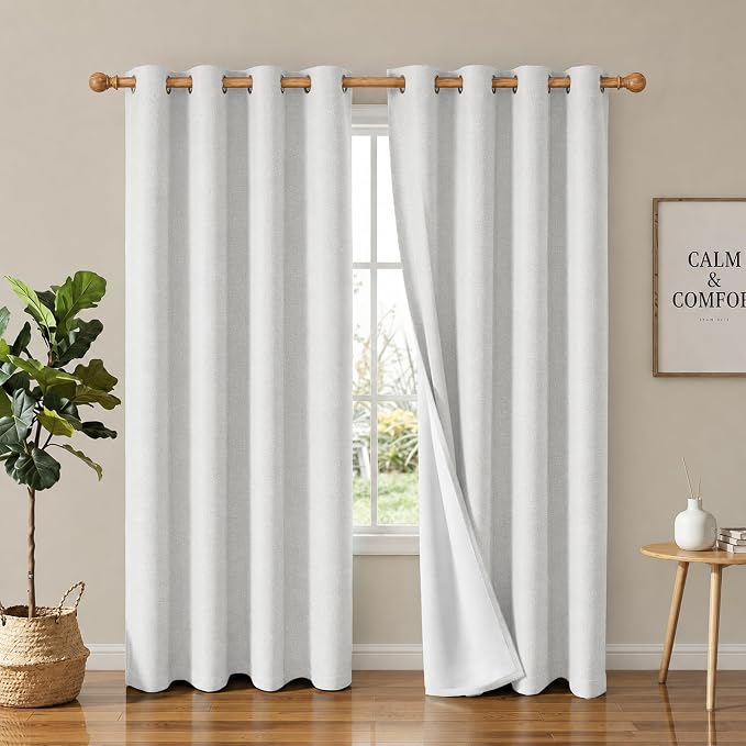 4 Panels 100% Blackout Linen-Textured Curtains, Thick Thermal Insulated Grommet Drapes with Subtle Herringbone Weave, Luxury Decor for Bedroom/Living Room, 54 x 84 Inches, Off-White