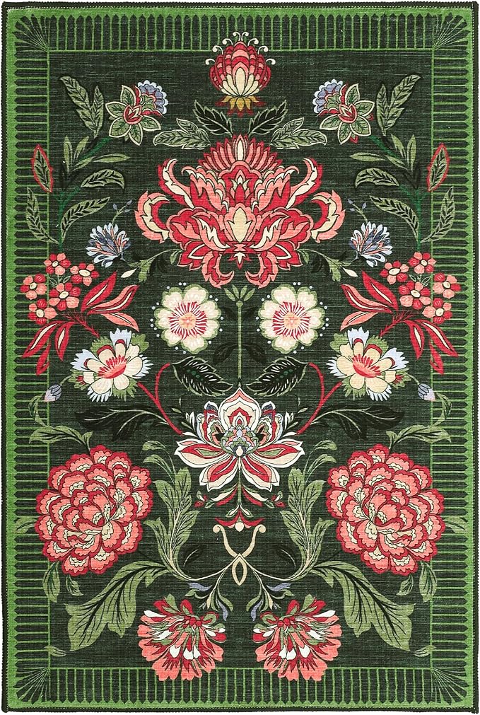 GarveeHome Forest Green Floral 2x3 Door Mat Indoor Rugs for Entryway Small Vintage Boho Cottage Washable Non-Slip Low-Pile Rug for Bedroom Kitchen Bathroom Entrance
