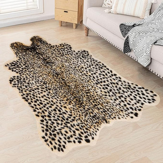 Leopard Rug Cheetah Rug Animals Printed Hide Mats Faux Fur Cowhide Skin Carpet for Home Office, Livingroom, Bedroom, 5.3ft x 6.6ft