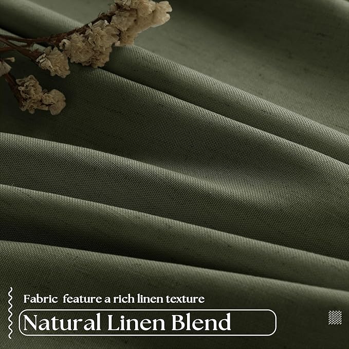 Olive Green Linen Blackout 120 Inch Curtains for Living Room 2 Panels Set Pinch Pleated Back Tab Drapes Farmhouse Thermal Insulated Full Black Out Curtains 120 Length High Ceiling to Floor 40x120
