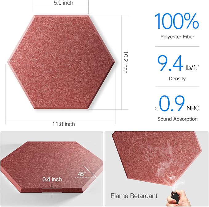 16 Pack Self-Adhesive Acoustic Panels 12" X 10" X 0.4" - Sound Proof Foam Panels for Wall with High Density, Hexagon Design, Flame Resistant, Absorb Noise and Eliminate Echoes(Red)