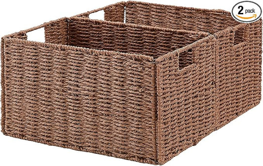 Vagusicc Wicker Storage Basket, Set of 2 Hand-Woven Paper Rope Wicker Basket, Small Storage Baskets for Organizing Toilet Paper, Foldable Large Cube Storage Organizer Baskets Bin for Shelves (Brown)