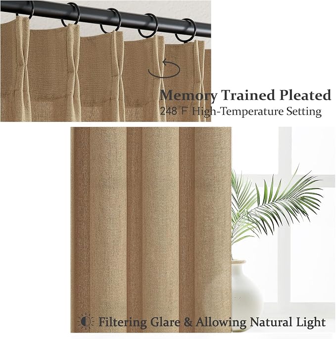 Rust Brown Pinch Pleated Thick Linen Curtains 90 Inches Long for Dining Room, Memory Shape Semi Sheer Light Filtering Drapes Privacy Decorative Curtain Window Burg 40 x 90 Inch Length 2 Panels Set
