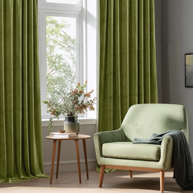 StangH Olive Green Velvet Curtains for Living Room Elegant Thermal Insulated Drapes for Home & Office, Heavy Soft Curtains with Noise Reduction, W52 x L105, 2 Panels