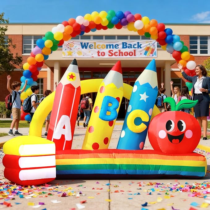 DomKom 8FT Kindergarten Graduation Decorations Crayon Yard,Back to School Inflatable Decoration Red Apple & Book LED Lights Backdrop for 2026 Graduate School Party Decor,Holiday Party Garden Lawn