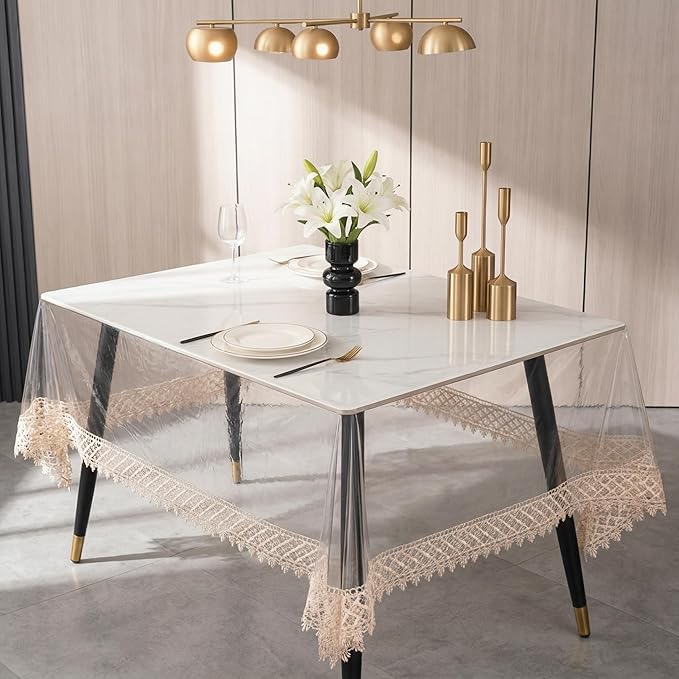 Clear Vinyl Tablecloth Protector – Waterproof Rectangular Table Cover with lace Trim for Dining, Kitchen, Party, Indoor & Outdoor Use (84"x60")