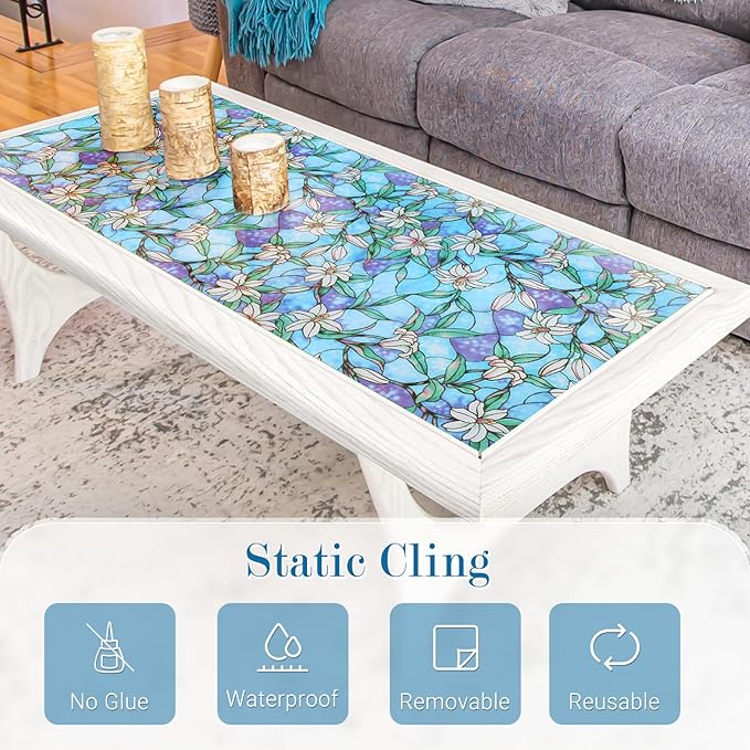 rabbitgoo Stained Glass Window Film, Anti UV Heat Blocking Privacy Film for Glass Window Door Covering, Static Cling Removable Decorative Privacy Sticker for Bathroom, Blue Lily, 23.6 x 157.4 Inches