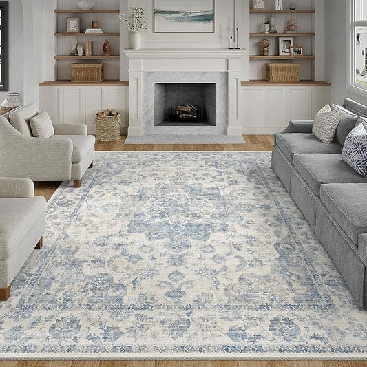 10x12 Neutral Area Rug Blue Vintage Living Room Bedroom Washable Carpet Non-Slip Soft Low Pile Farmhouse Indoor Large Throw Rug for Dining Room Office