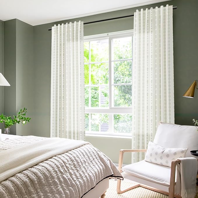 63 Inch Length Curtains 2 Panels Set,Sheer Linen Boho Sage Green Cream White Spring Leaf Curtains for for Living Room Kitchen Window Treatments