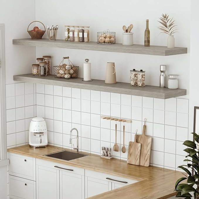 Vivelove 12 in Deep Floating Shelves for Wall, 72" x 12" x 2" Shelves for Room Wall Mounted, 2 Inch Thick Shelf for Bathroom Bedroom Kitchen Book Room, Modern Farmhouse Decor, Set of 1, Grey