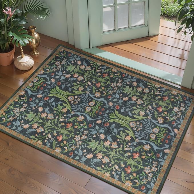 Tangsoo Green Washable Entry Rug, 2x3 Small Area Throw Rugs for Entryway Non Slip, Vintage Floral Thin Rug for Kitchen Bedroom, Low Pile Floor Carpet Front Door Mat for Entrance Bathroom Foyer Decor
