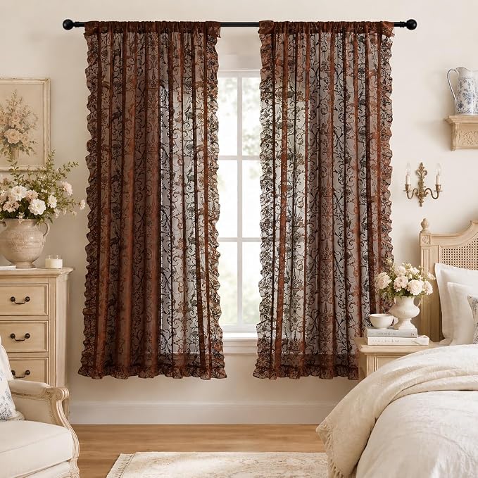 TUDECO Brown Floral Curains 72 Inch Length 2 Panles, French Country Chocolate Curtains for Bedroom Hallway, Rod Pocket Light Filtering Pivacy, Ruffle Vintage House Decor, 59W x 72L Inch, Coffee Brown