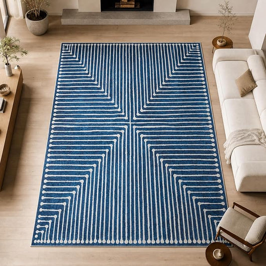 GLN Rugs Contemporary Collection - Machine Washable Area Rug, Contemporary Washable, Non Slip, Low Pile Chenille Rug, Living Room, Bedroom, Kitchen Rug (8' x 10' Lines Blue)