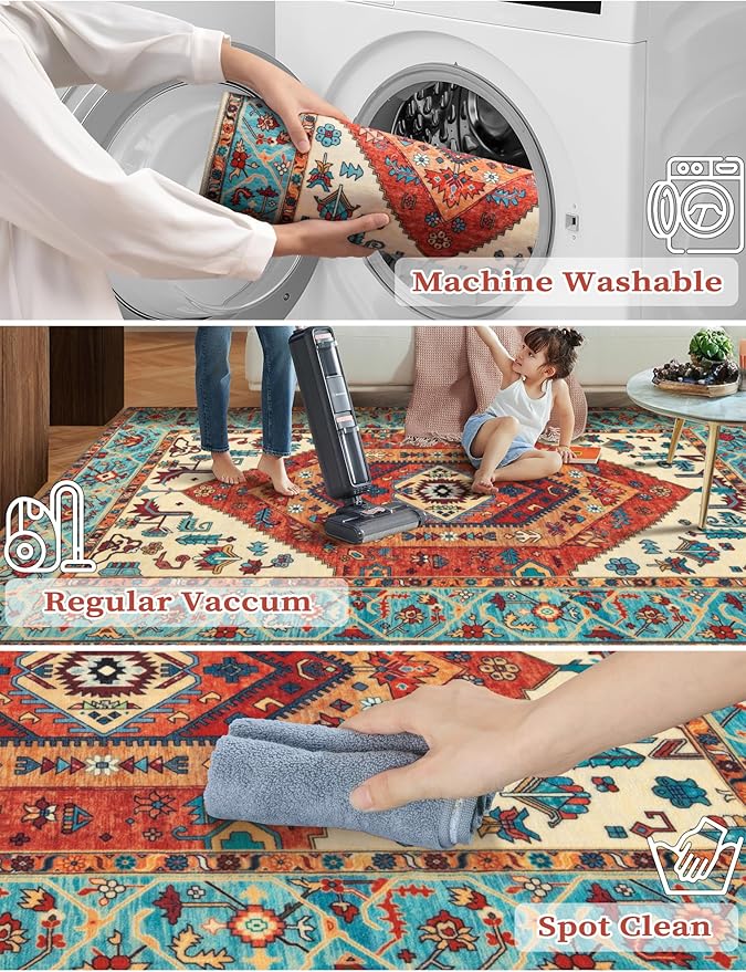 SERISSA Runner Rug for Hallways, 3x8 Washable Non Slip Kitchen Runner Rug, Long Boho Rug Vintage Orange Hallway Stair Ultra Soft Print Floor Carpet for Bedroom Bathroom Laundry Room