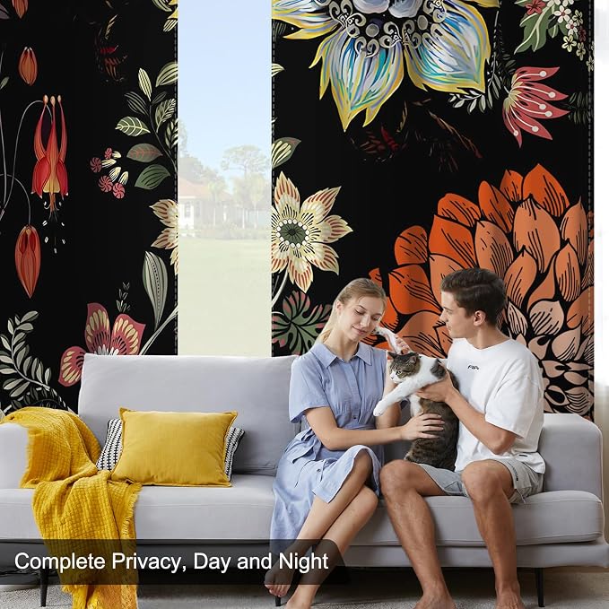 Boho Blackout Curtains for Bedroom, Black Out Window Bedroom Curtains 84 Inch Length 2 Panels Set, Floral Thermal Insulated Room Darkening Blackout Curtains for Living Room with Two Curtain Tiebacks