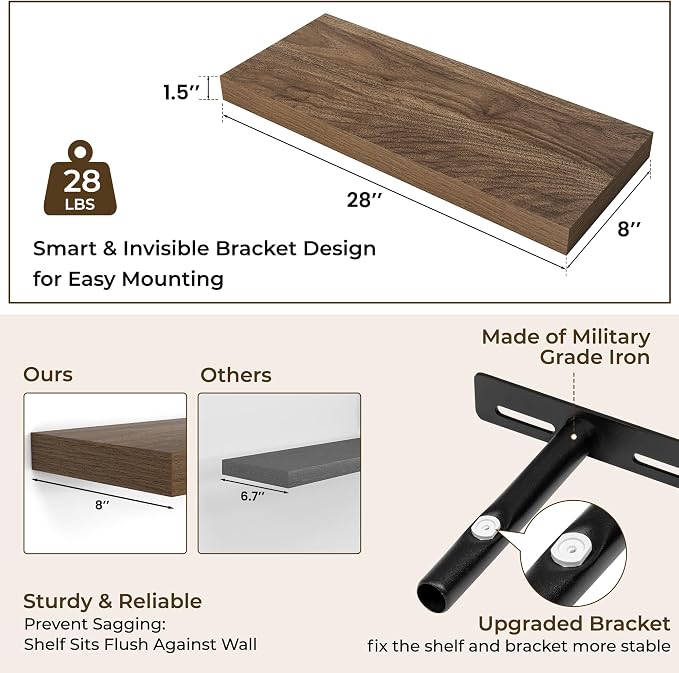 RICHFOCUS 28Inch Floating Shelves for Wall 2 Pack Shelves for Bedroom|Kitchen|Bathroom|Laundry Room Rustic Wood Wall Mounted Shelf with Invisible Brackets for Books|Storage|Decor, Walnut