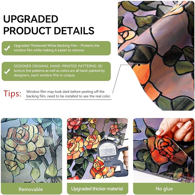 ADD.HERES Stained Glass Window Film, 3D Decorative Window Privacy Film for Bathroom,Front Door,Home, Sun Blocking Heat Control,Static Cling, The Beast's Rose 17.3inch x 47.2inch
