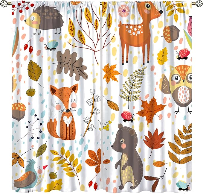 Kids Boys Girls Curtains, Jungle Animal Autumn Forest Cartoon Deer Rabbit Fox Owl Print Pattern Window Drapes for Nursery Baby Bedroom Playroom Living Room 2 Panel Sets,72x63 Inch
